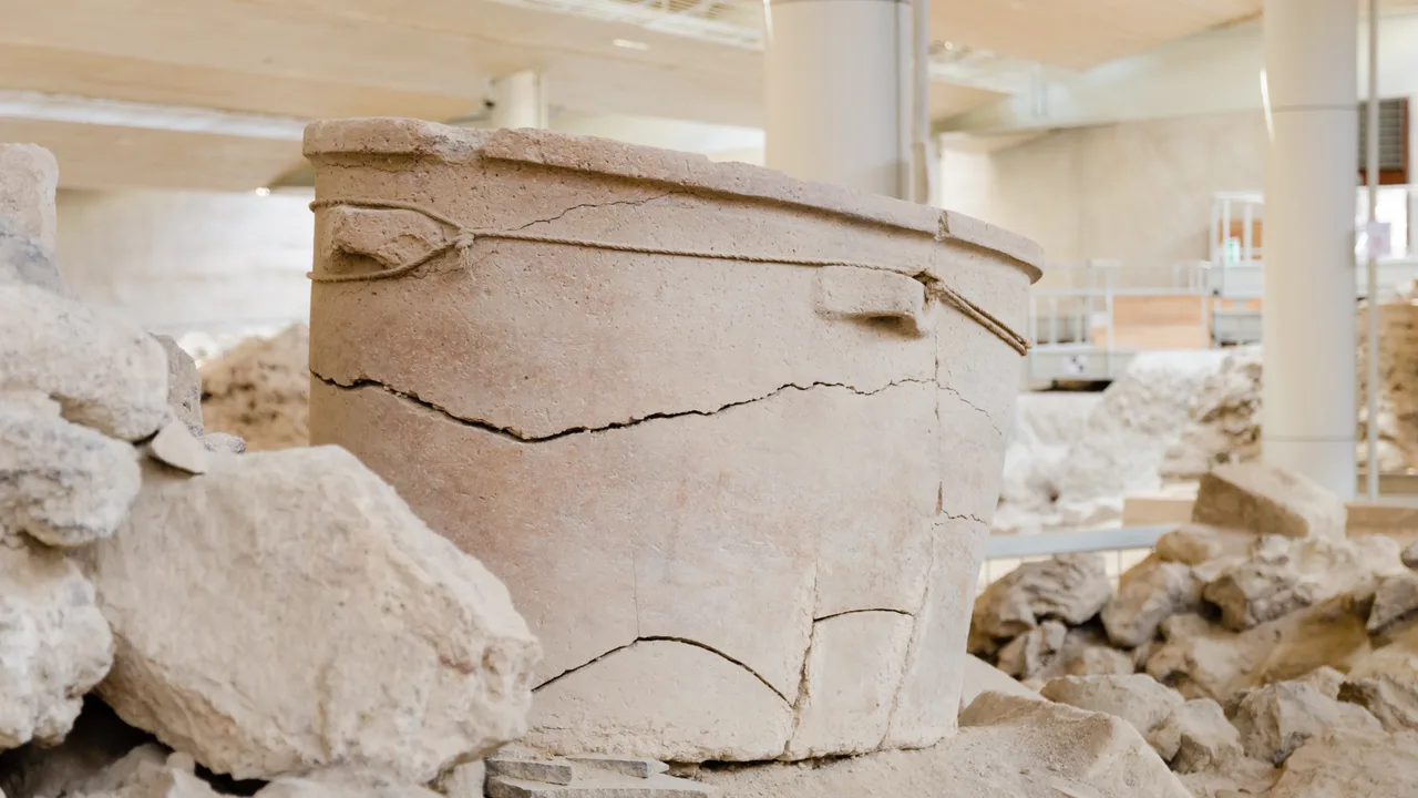 A wall fresco from the excavated Bronze Age town of Akrotiri on Santorini