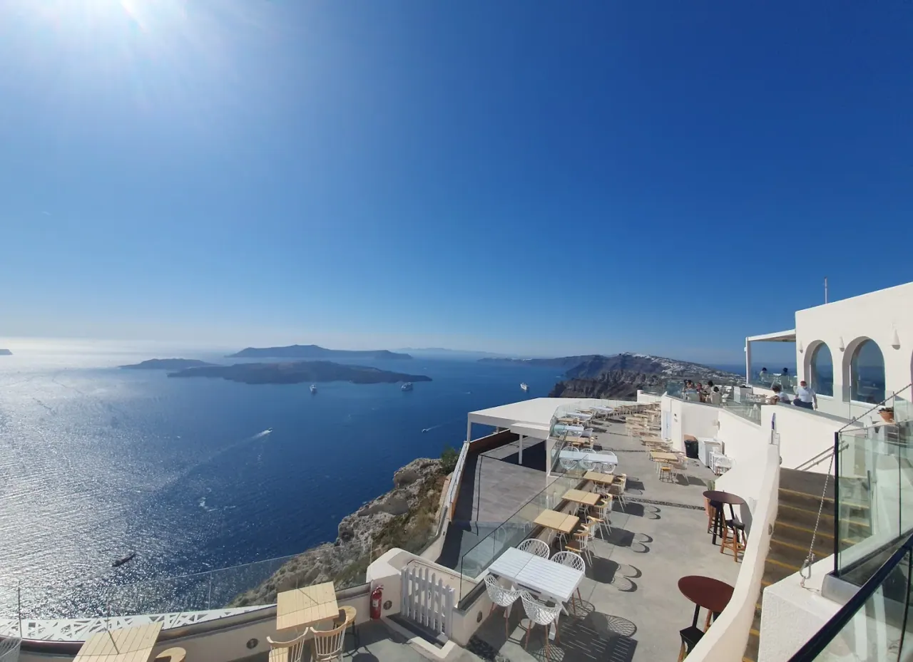 The caldera-view tasting terrace at Santo Wines above the Santorini caldera