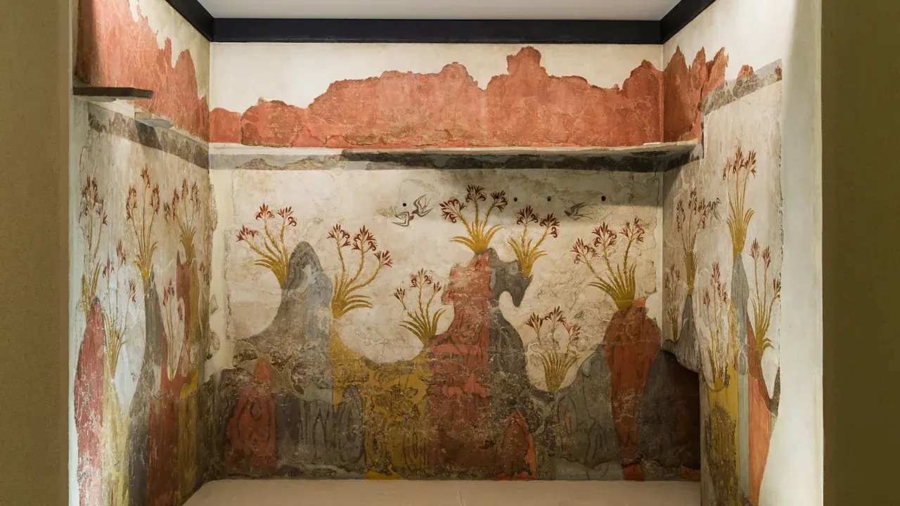 A wall fresco from the excavated Bronze Age town of Akrotiri on Santorini