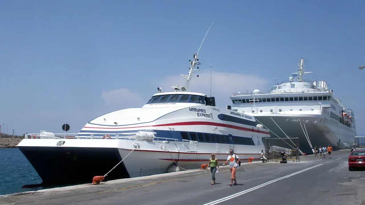 Ferries docked at a Greek island port