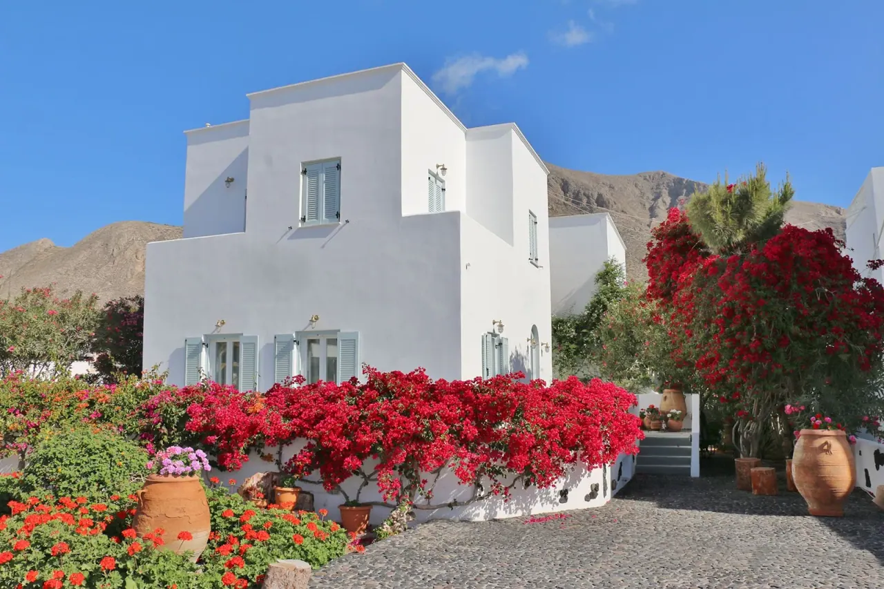 The whitewashed façade of Spiros & Hiroko Hotel framed by red bougainvillea below Mesa Vouno in Perissa, Santorini