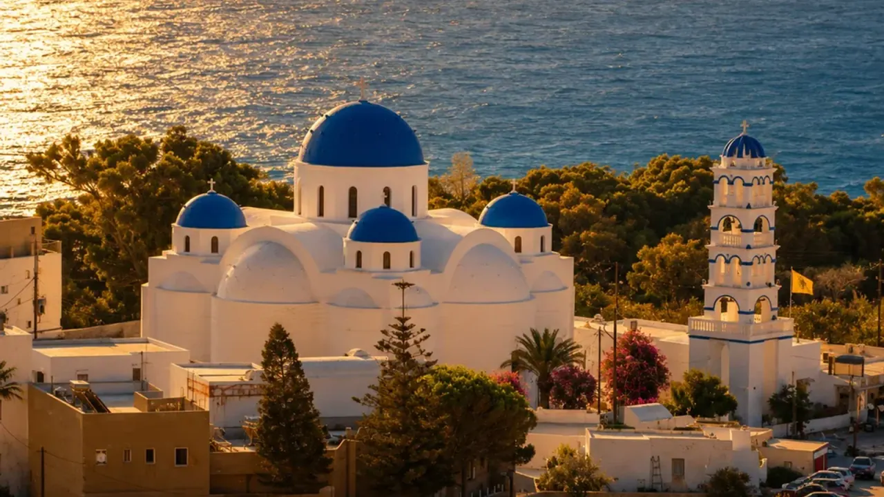 The blue-domed Church of the Holy Cross and its arcaded bell tower rising above the white and ochre rooftops of Perissa at golden hour, with the sea behind