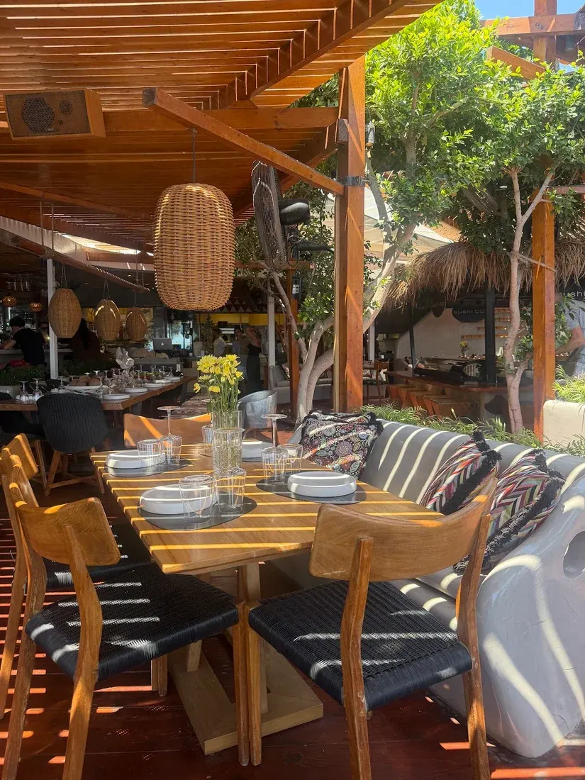 The pergola-shaded terrace of Sea Side by Notos on Perivolos beach, Santorini