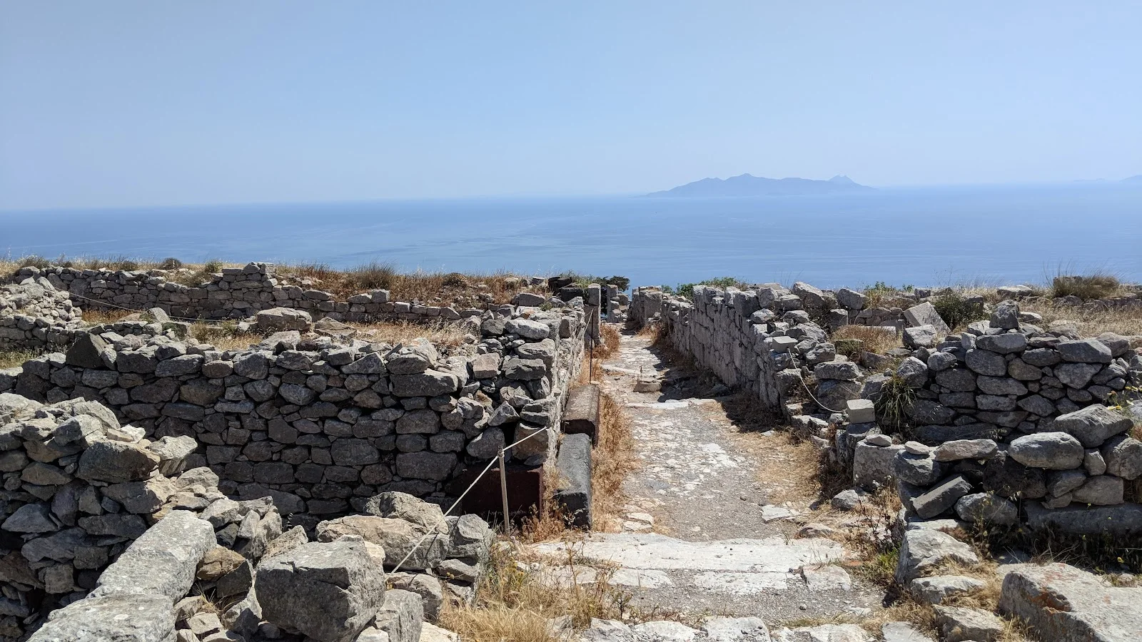 Stone ruins of Ancient Thera on the Mesa Vouno ridge above Perissa, Santorini