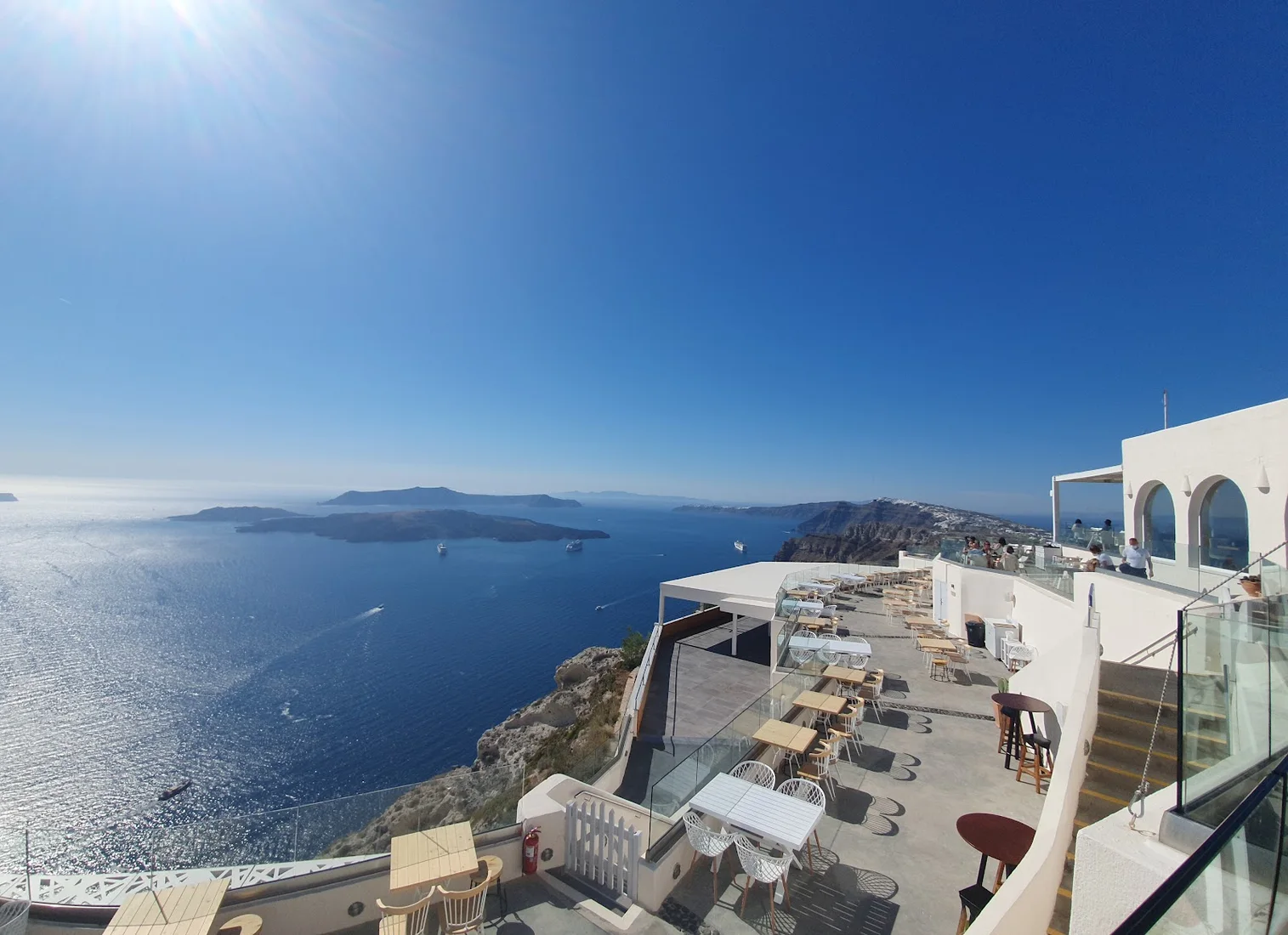 The caldera-view tasting terrace at Santo Wines above the Santorini caldera